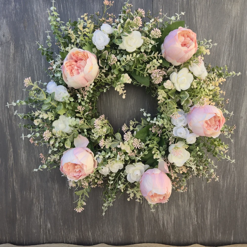 Handmade Cottage Style Elegant Pink and White Floral Wreath